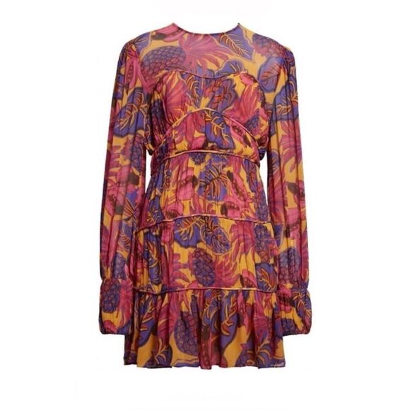 FARM RIO Pink Yellow Fruit Dream Long Sleeve Ruffle Pleated Mini Small $265 - Picture 5 of 14